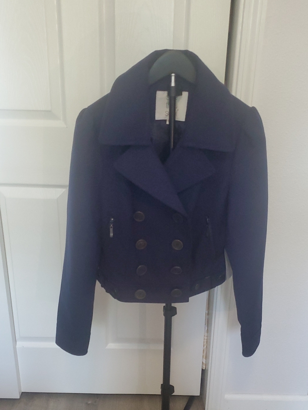 NWT See Thru Soul Navy Cropped Double-Breasted Pea Coat Size L Y2K